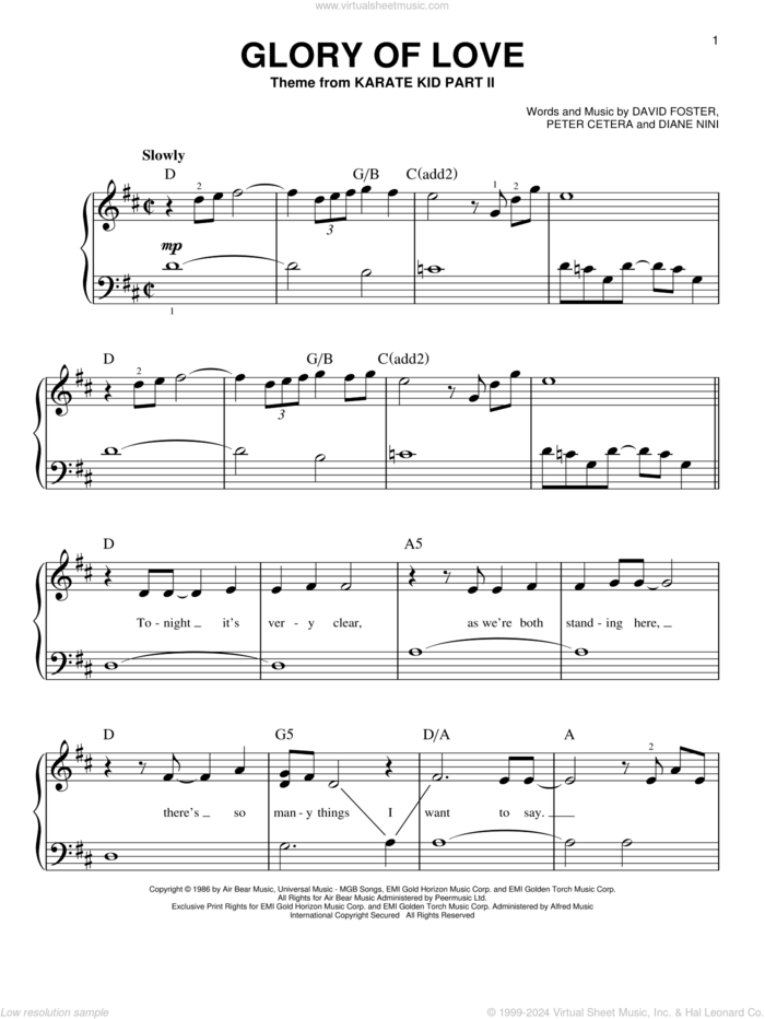 Glory Of Love, (beginner) sheet music for piano solo by Peter Cetera, David Foster and Diane Nini, beginner skill level