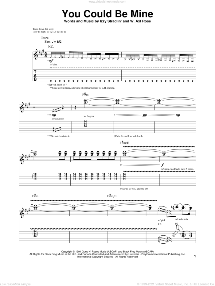 You Could Be Mine sheet music for guitar (tablature, play-along) by Guns N' Roses, Slash and Axl Rose, intermediate skill level
