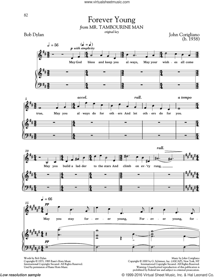 Forever Young sheet music for voice and piano (High Voice) by Bob Dylan, Richard Walters and John Corigliano, intermediate skill level