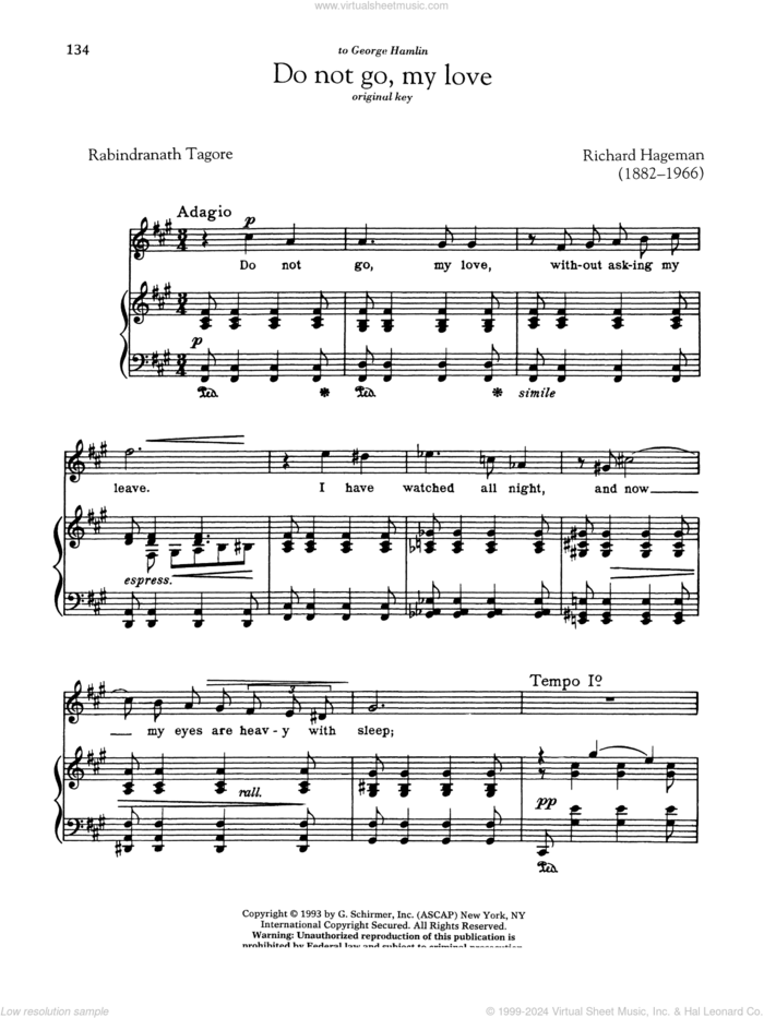 Do Not Go, My Love sheet music for voice and piano (High Voice) by Richard Hageman and Rabindranath Tagore, classical score, intermediate skill level