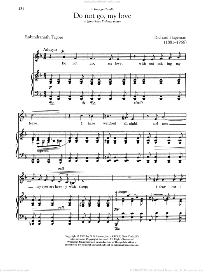 Do Not Go, My Love sheet music for voice and piano (Low Voice) by Richard Hageman and Rabindranath Tagore, classical score, intermediate skill level