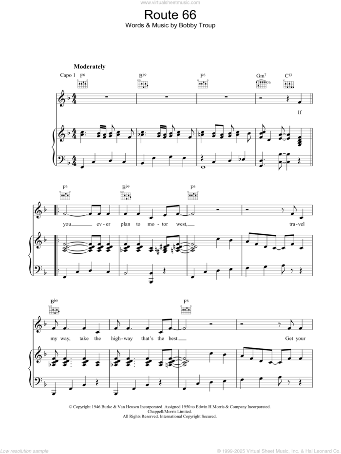 Route 66 sheet music for voice, piano or guitar by Bobby Troup, intermediate skill level