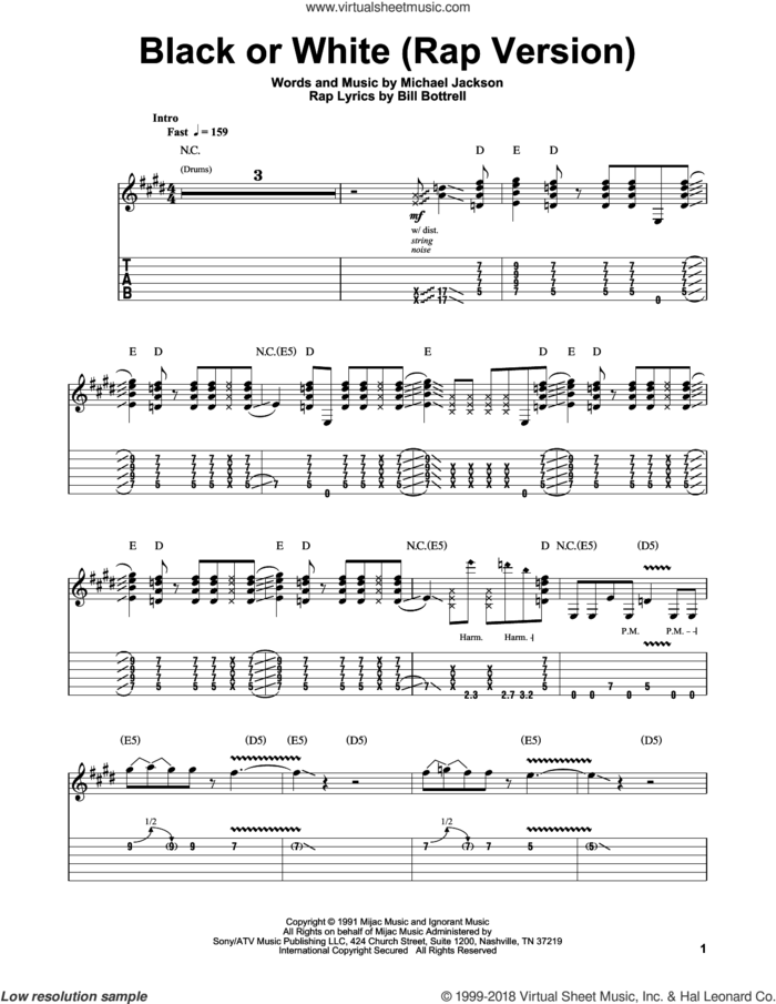 Black Or White sheet music for guitar (tablature, play-along) by Michael Jackson and Slash, intermediate skill level