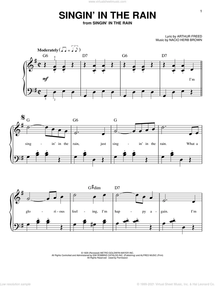 Singin' In The Rain sheet music for piano solo by Arthur Freed and Nacio Herb Brown, beginner skill level