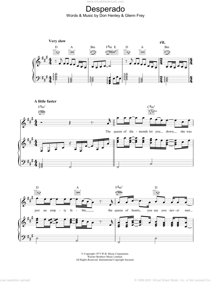 Desperado (Part II) sheet music for voice, piano or guitar by Don Henley, The Eagles and Glenn Frey, intermediate skill level