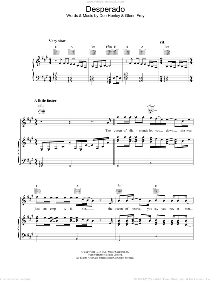 Desperado (Part II) sheet music for voice, piano or guitar by Don Henley, The Eagles and Glenn Frey, intermediate skill level