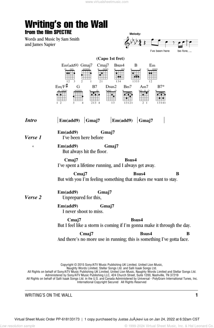 Writing's On The Wall sheet music for guitar (chords) by Sam Smith and James Napier, intermediate skill level