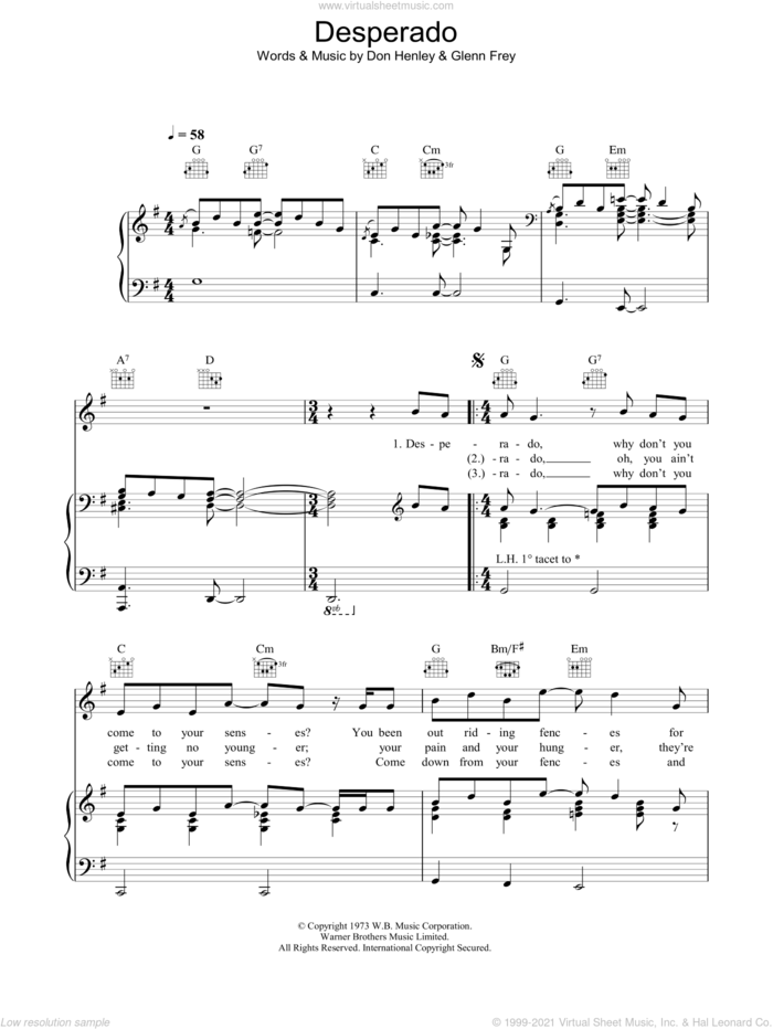 Desperado (Part II) sheet music for voice, piano or guitar by Journey South, Don Henley and Glenn Frey, intermediate skill level