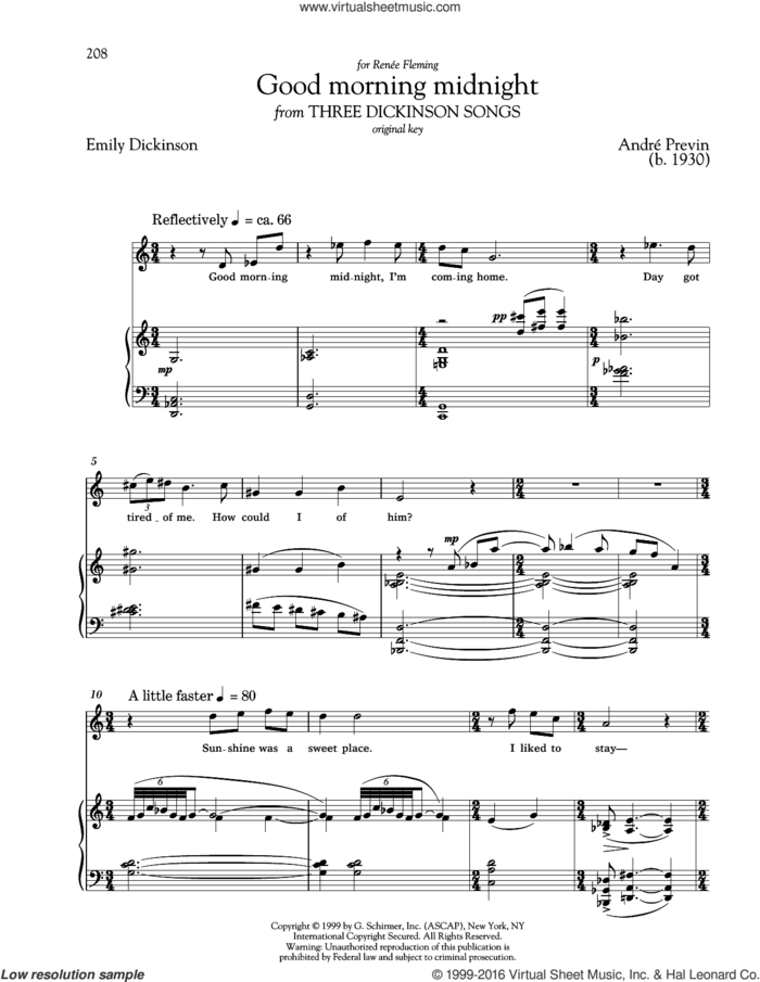 Good Morning Midnight sheet music for voice and piano (High Voice) by Andre Previn, Richard Walters, Andre Previn and Emily Dickinson, classical score, intermediate skill level