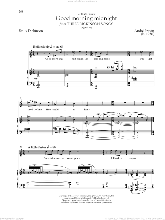 Good Morning Midnight sheet music for voice and piano (High Voice) by Andre Previn, Richard Walters, Andre Previn and Emily Dickinson, classical score, intermediate skill level