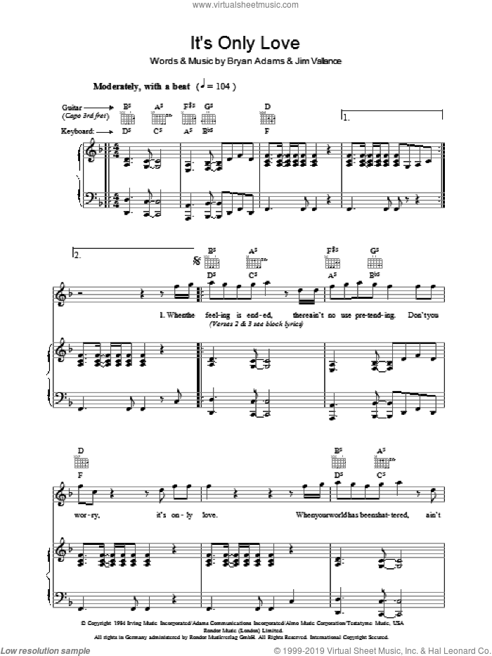 It's Only Love sheet music for voice, piano or guitar by Bryan Adams, Bryan Adams & Tina Turner, Tina Turner and Jim Vallance, intermediate skill level