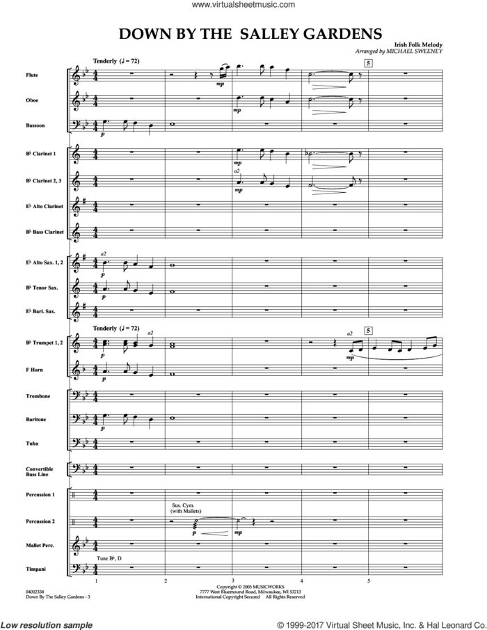 Down by the Salley Gardens (COMPLETE) sheet music for concert band by Michael Sweeney and William Butler Yeats, intermediate skill level