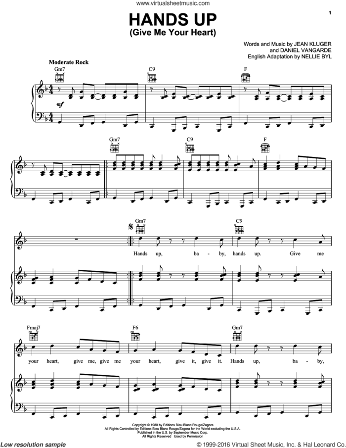 Hands Up (Give Me Your Heart) sheet music for voice, piano or guitar by Nellie Byl, Daniel Vangarde and Jean Kluger, intermediate skill level