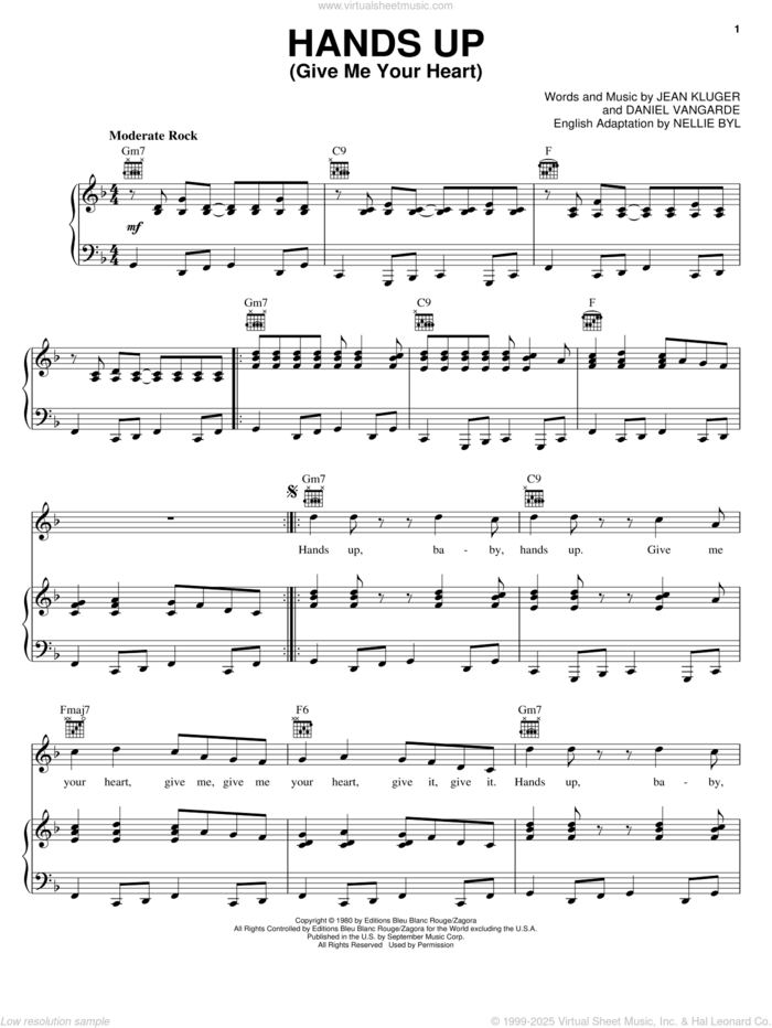 Hands Up (Give Me Your Heart) sheet music for voice, piano or guitar by Nellie Byl, Daniel Vangarde and Jean Kluger, intermediate skill level