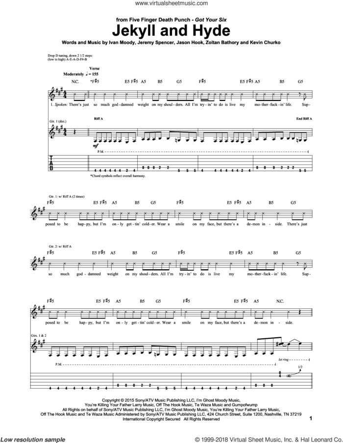 Jekyll And Hyde sheet music for guitar (tablature) by Five Finger Death Punch, Ivan Moody, Jason Hook, Jeremy Spencer, Kevin Churko and Zoltan Bathory, intermediate skill level