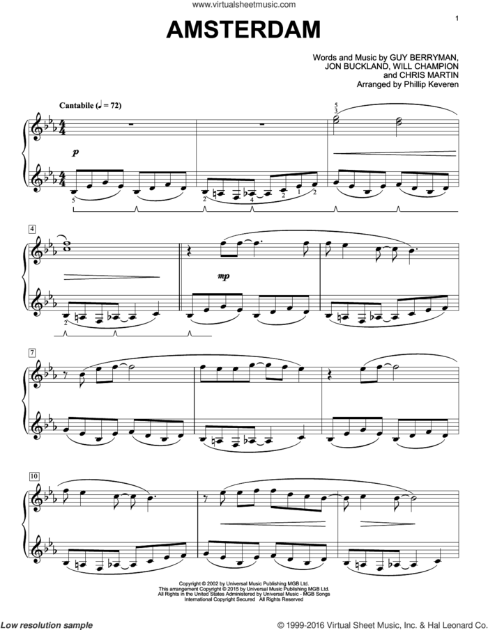 Amsterdam [Classical version] (arr. Phillip Keveren) sheet music for piano solo by Guy Berryman, Phillip Keveren, Coldplay, Chris Martin, Jon Buckland and Will Champion, intermediate skill level