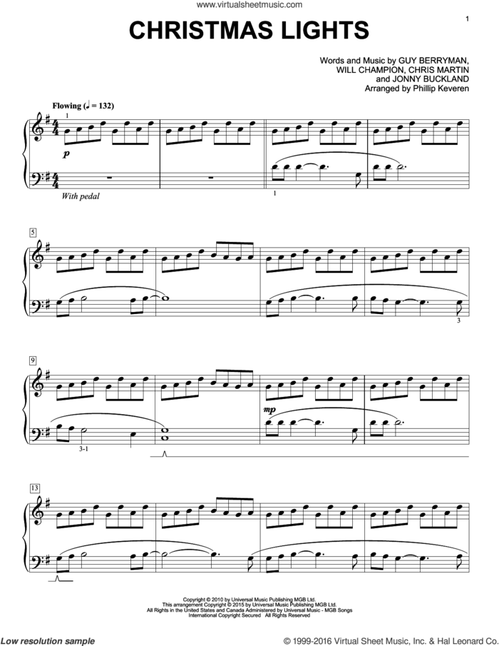 Christmas Lights [Classical version] (arr. Phillip Keveren) sheet music for piano solo by Guy Berryman, Phillip Keveren, Coldplay, Chris Martin, Jonny Buckland and Will Champion, intermediate skill level
