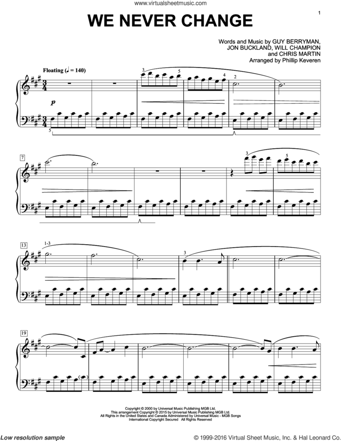 We Never Change [Classical version] (arr. Phillip Keveren) sheet music for piano solo by Guy Berryman, Phillip Keveren, Coldplay, Chris Martin, Jon Buckland and Will Champion, intermediate skill level