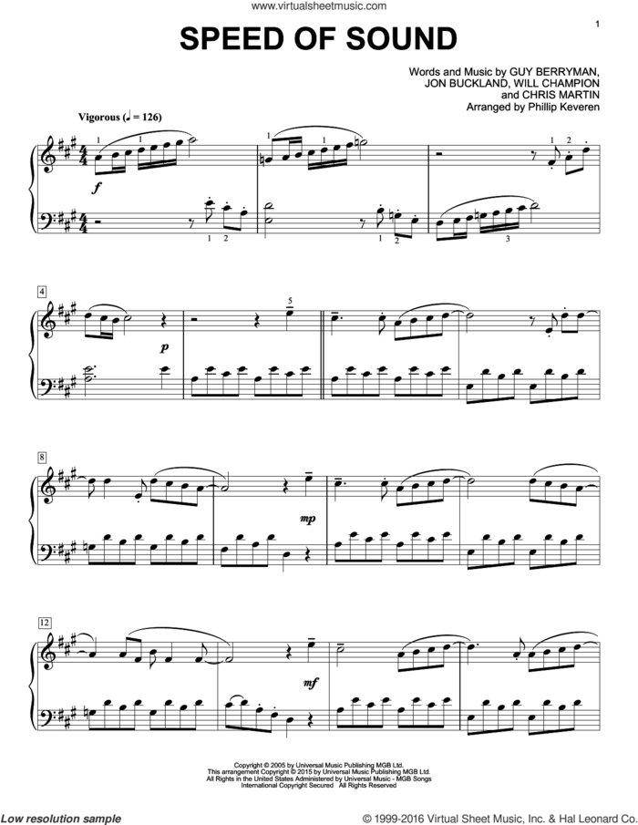 Speed Of Sound [Classical version] (arr. Phillip Keveren) sheet music for piano solo by Guy Berryman, Phillip Keveren, Coldplay, Chris Martin, Jon Buckland and Will Champion, intermediate skill level