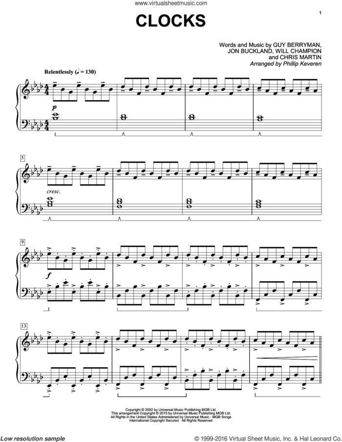 Clocks [Classical version] (arr. Phillip Keveren) sheet music for piano solo by Guy Berryman, Phillip Keveren, Coldplay, Chris Martin, Jon Buckland and Will Champion, intermediate skill level