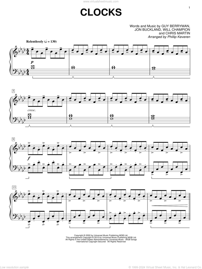 Clocks [Classical version] (arr. Phillip Keveren) sheet music for piano solo by Guy Berryman, Phillip Keveren, Coldplay, Chris Martin, Jon Buckland and Will Champion, intermediate skill level