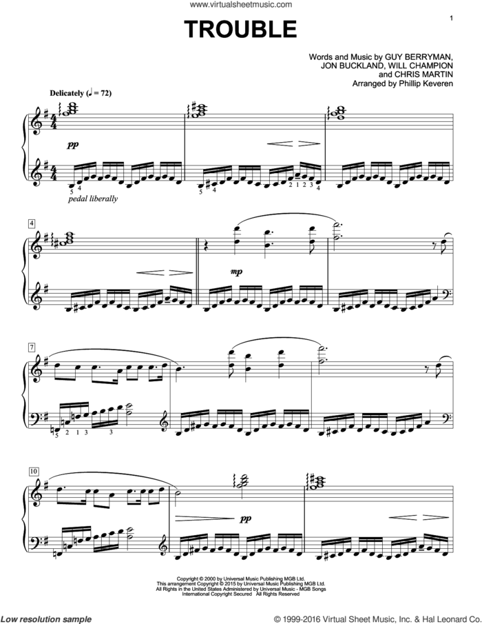 Trouble [Classical version] (arr. Phillip Keveren) sheet music for piano solo by Guy Berryman, Phillip Keveren, Coldplay, Chris Martin, Jon Buckland and Will Champion, intermediate skill level