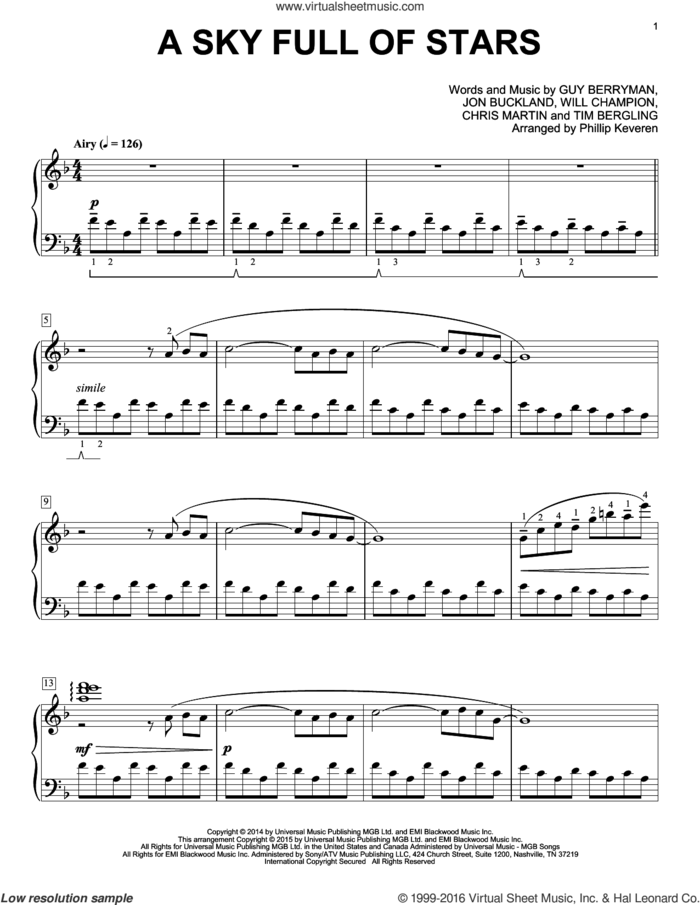 A Sky Full Of Stars [Classical version] (arr. Phillip Keveren) sheet music for piano solo by Guy Berryman, Phillip Keveren, Coldplay, Chris Martin, Jon Buckland, Tim Bergling and Will Champion, wedding score, intermediate skill level