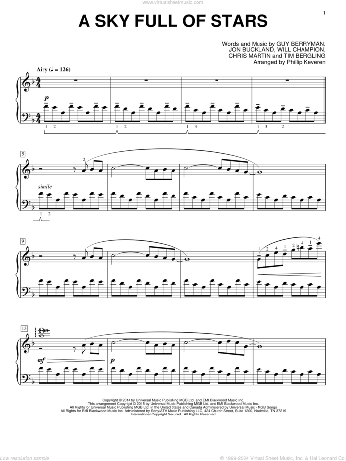 A Sky Full Of Stars [Classical version] (arr. Phillip Keveren) sheet music for piano solo by Guy Berryman, Phillip Keveren, Coldplay, Chris Martin, Jon Buckland, Tim Bergling and Will Champion, wedding score, intermediate skill level