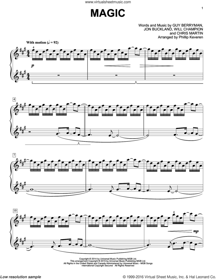 Magic [Classical version] (arr. Phillip Keveren) sheet music for piano solo by Guy Berryman, Phillip Keveren, Coldplay, Chris Martin, Jon Buckland and Will Champion, intermediate skill level