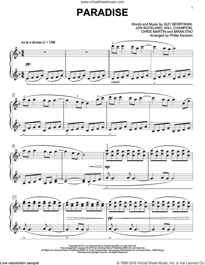 Paradise [Classical version] (arr. Phillip Keveren) sheet music for piano solo by Guy Berryman, Phillip Keveren, Coldplay, Brian Eno, Chris Martin, Jon Buckland and Will Champion, intermediate skill level