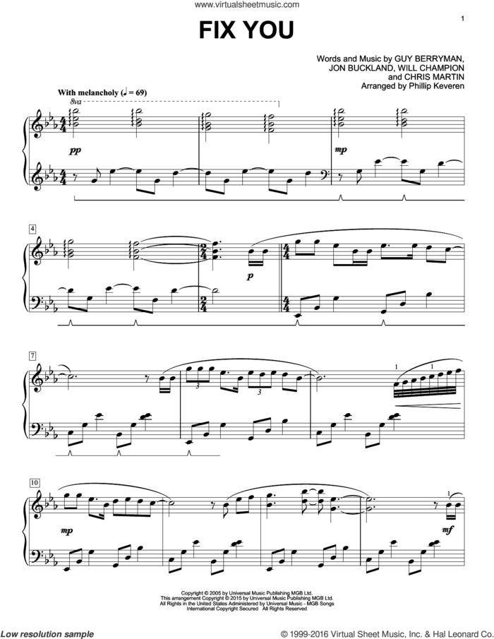 Fix You [Classical version] (arr. Phillip Keveren) sheet music for piano solo by Guy Berryman, Phillip Keveren, Coldplay, Javier Colon, Chris Martin, Jon Buckland and Will Champion, intermediate skill level