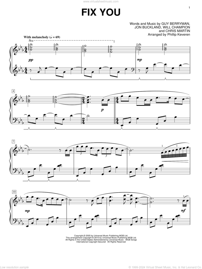 Fix You [Classical version] (arr. Phillip Keveren) sheet music for piano solo by Guy Berryman, Phillip Keveren, Coldplay, Javier Colon, Chris Martin, Jon Buckland and Will Champion, intermediate skill level