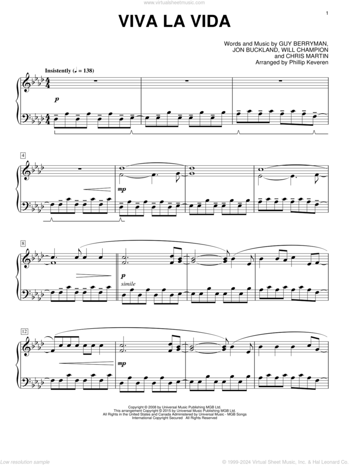 Viva La Vida [Classical version] (arr. Phillip Keveren) sheet music for piano solo by Guy Berryman, Phillip Keveren, Coldplay, Chris Martin, Jon Buckland and Will Champion, intermediate skill level