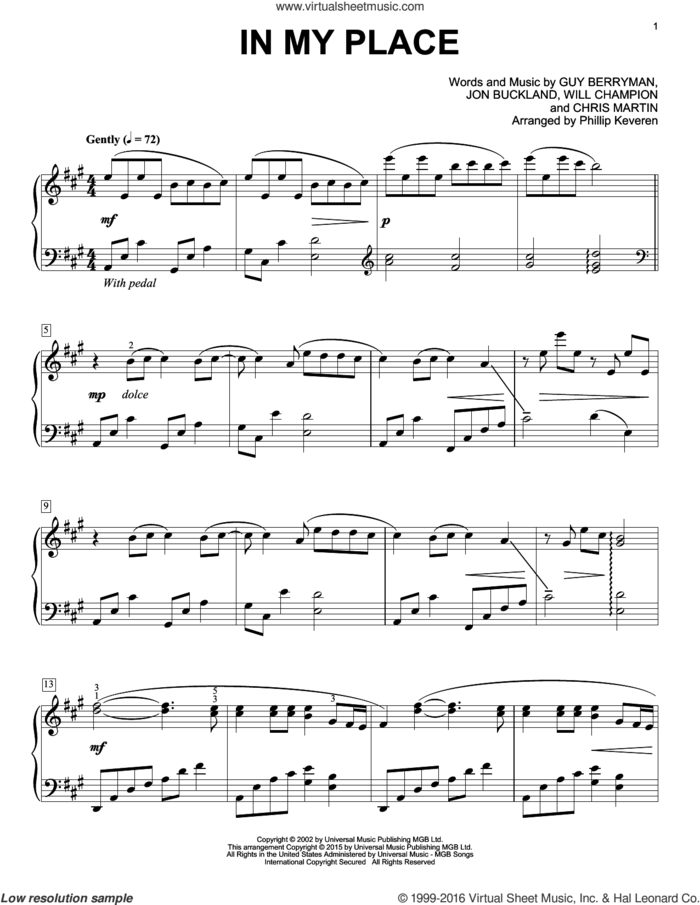 In My Place [Classical version] (arr. Phillip Keveren) sheet music for piano solo by Guy Berryman, Phillip Keveren, Coldplay, Chris Martin, Jon Buckland and Will Champion, intermediate skill level