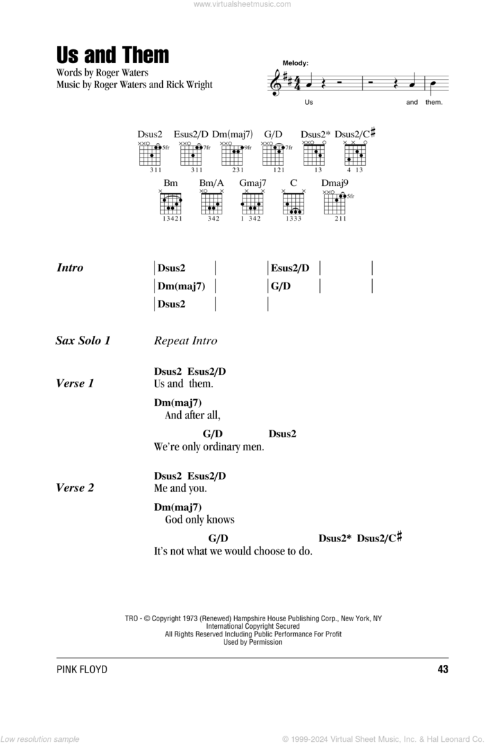 Us And Them sheet music for guitar (chords) by Pink Floyd, Richard Wright and Roger Waters, intermediate skill level