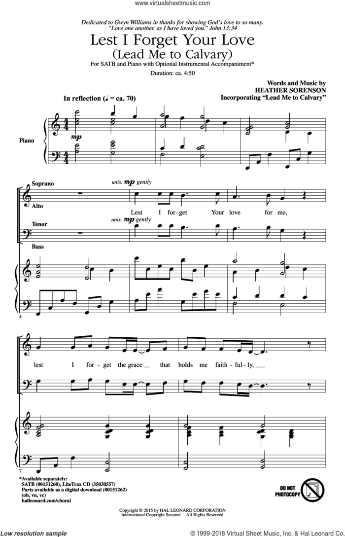 Lest I Forget Your Love (Lead Me To Calvary) sheet music for choir (SATB: soprano, alto, tenor, bass) by Heather Sorenson, intermediate skill level
