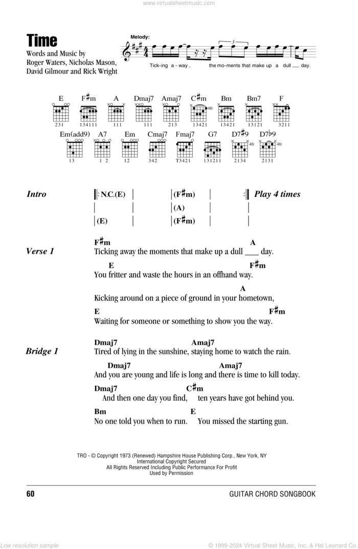 Time sheet music for guitar (chords) by Pink Floyd, David Gilmour, Nicholas Mason, Richard Wright and Roger Waters, intermediate skill level