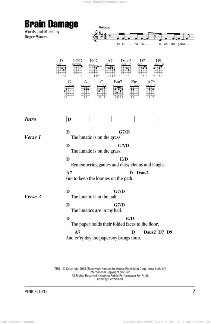 Brain Damage sheet music for guitar (chords) by Pink Floyd and Roger Waters, intermediate skill level