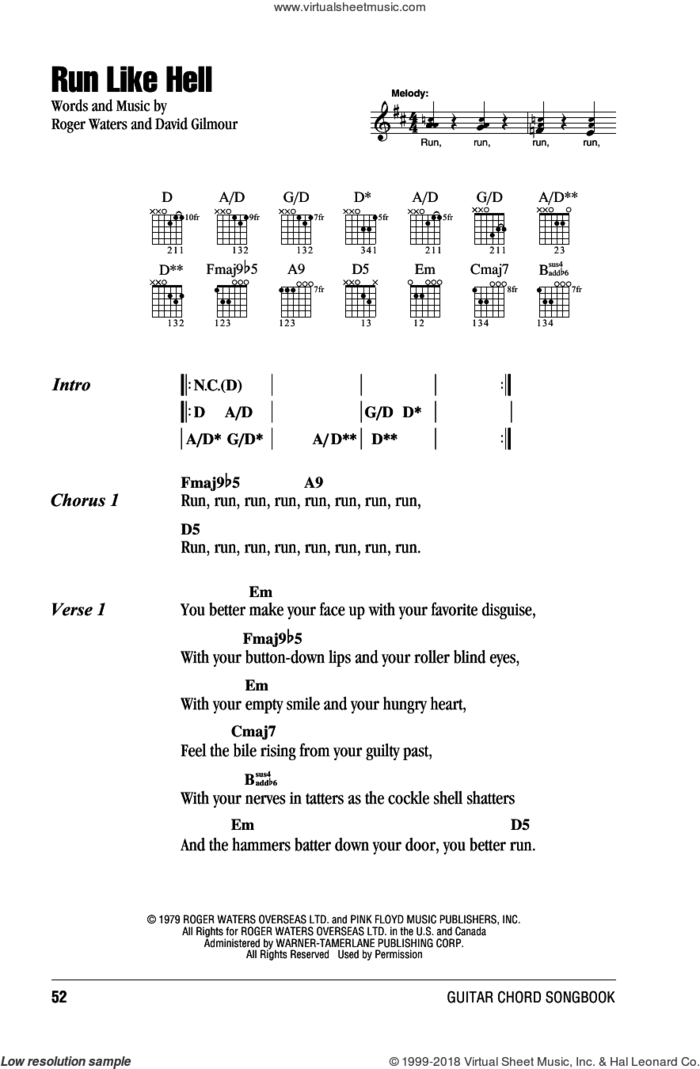 Run Like Hell sheet music for guitar (chords) by Pink Floyd, David Gilmour and Roger Waters, intermediate skill level