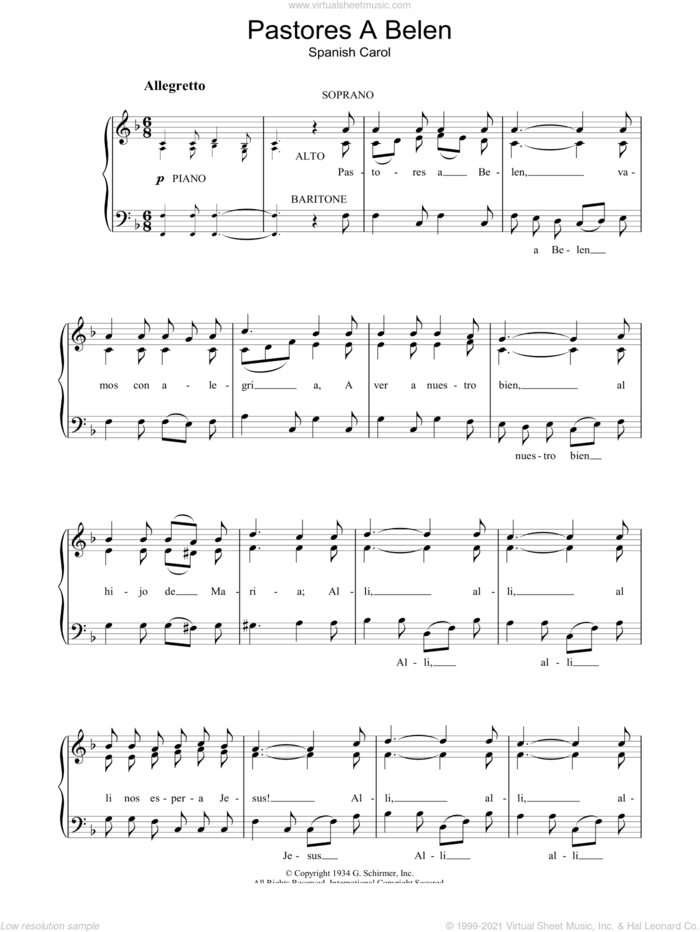 Pastores A Belen sheet music for voice, piano or guitar  and Cancion de Navidad, intermediate skill level