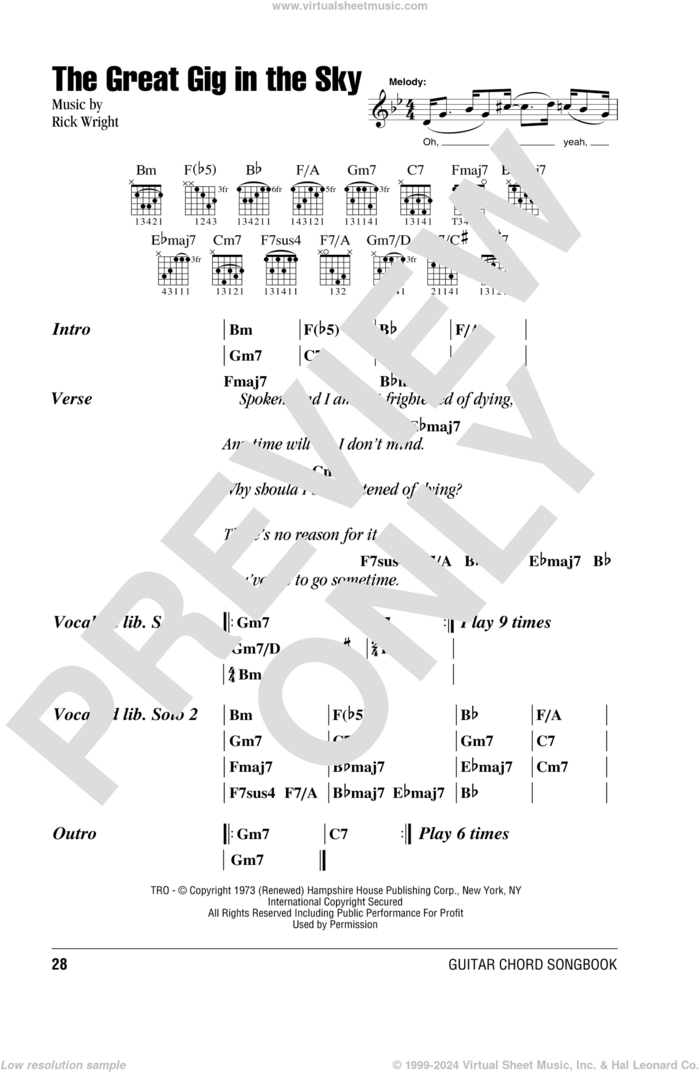 The Great Gig In The Sky sheet music for guitar (chords) by Pink Floyd and Richard Wright, intermediate skill level