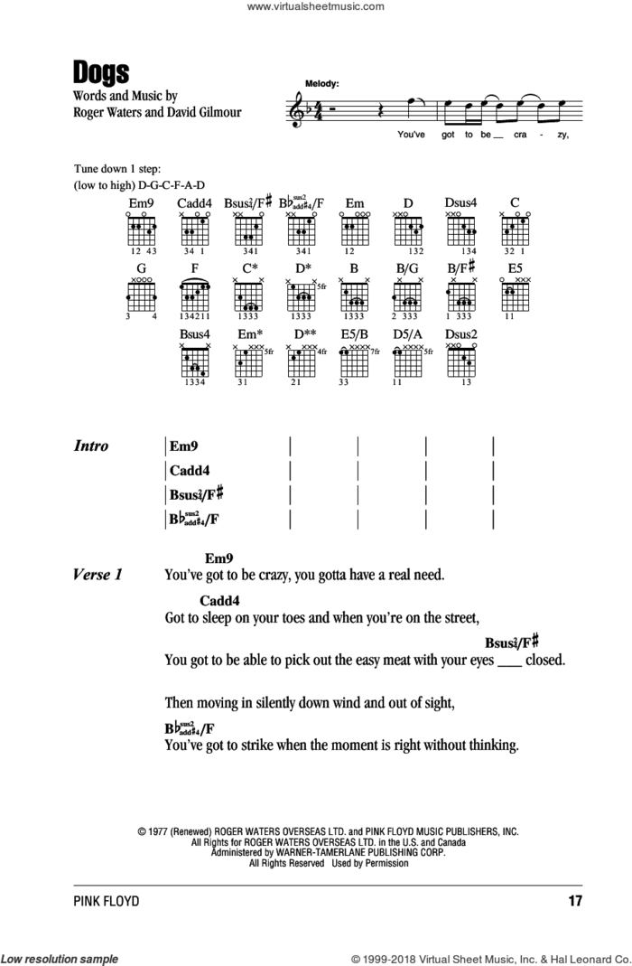 Dogs sheet music for guitar (chords) by Pink Floyd, David Gilmour and Roger Waters, intermediate skill level