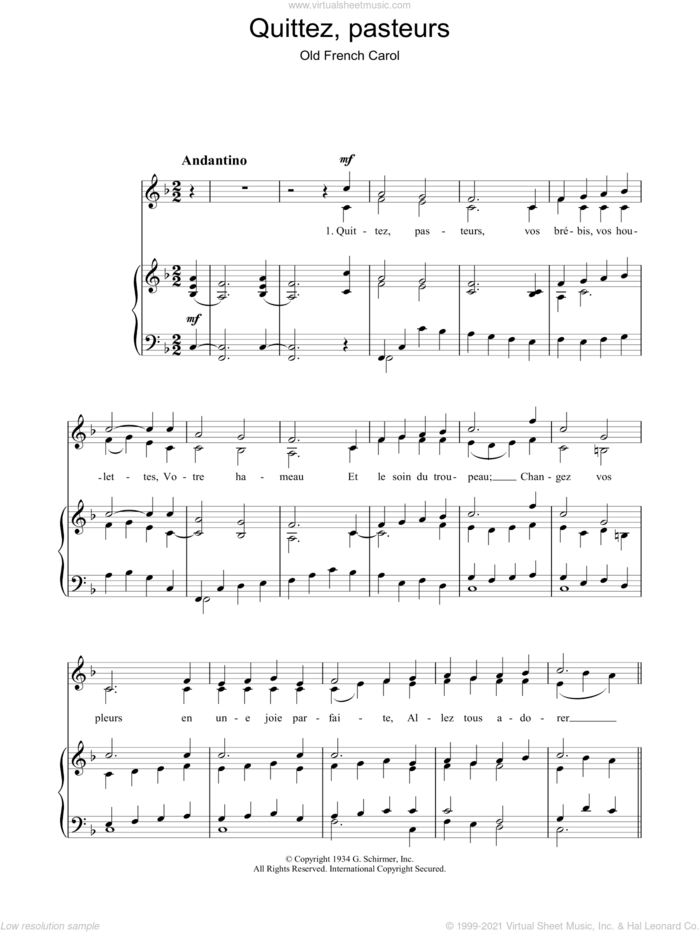 Quittez Pasteurs sheet music for voice, piano or guitar  and Chant De Noel, intermediate skill level