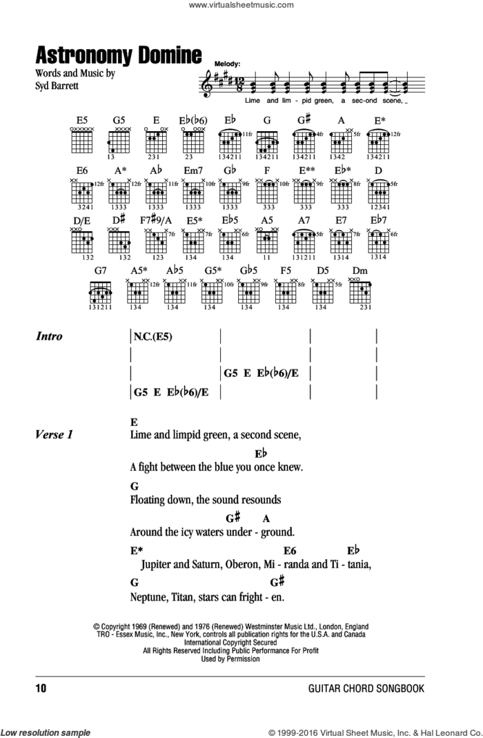 Astronomy Domine sheet music for guitar (chords) by Pink Floyd and Syd Barrett, intermediate skill level
