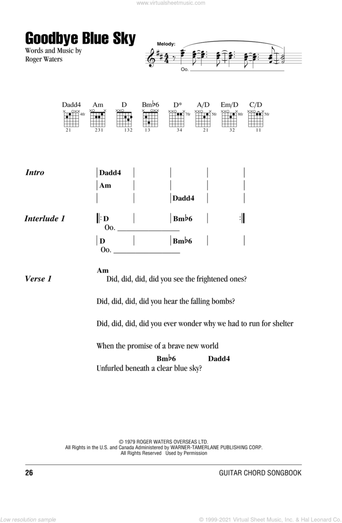 Goodbye Blue Sky sheet music for guitar (chords) by Pink Floyd and Roger Waters, intermediate skill level