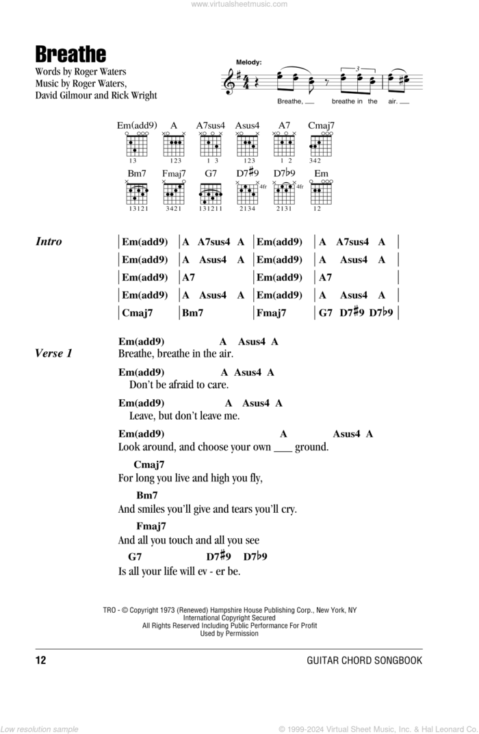 Breathe sheet music for guitar (chords) by Pink Floyd, David Gilmour, Richard Wright and Roger Waters, intermediate skill level