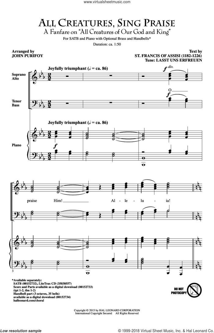 All Creatures Of Our God And King sheet music for choir (SATB: soprano, alto, tenor, bass) by Francis of Assisi, John Purifoy, St. Francis of Assisi, Geistliche Kirchengesang and William Henry Draper, intermediate skill level