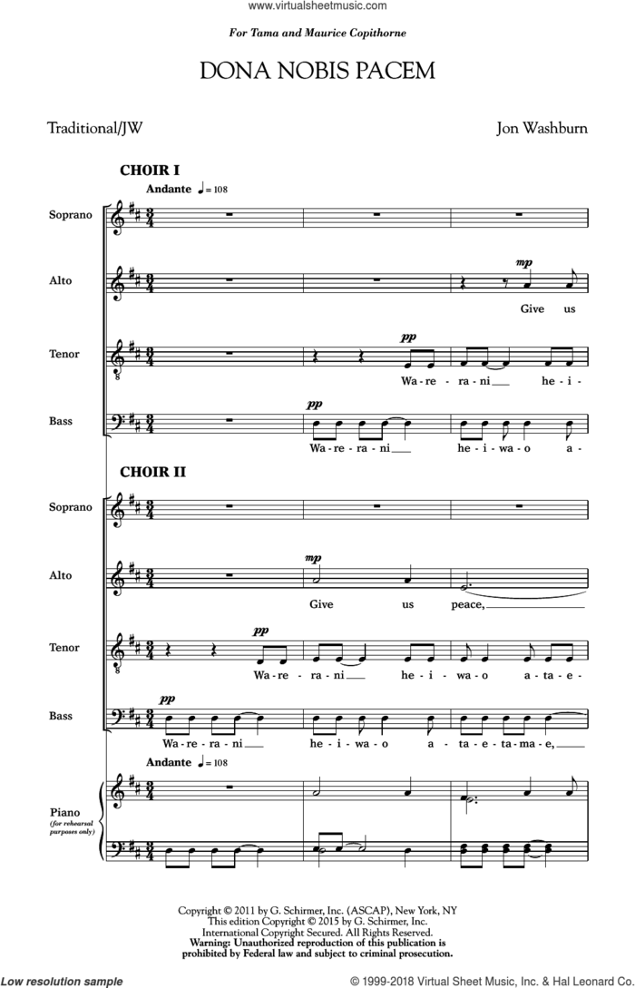Dona Nobis Pacem sheet music for choir (SATB: soprano, alto, tenor, bass) by Jon Washburn, intermediate skill level
