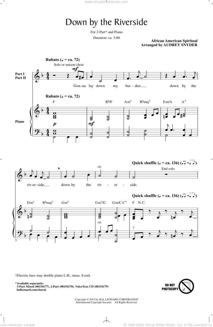 Down By The Riverside sheet music for choir (2-Part) by Audrey Snyder and Miscellaneous, intermediate duet