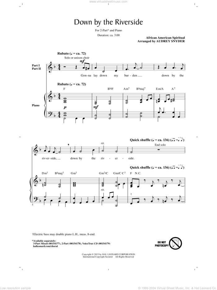 Down By The Riverside sheet music for choir (2-Part) by Audrey Snyder and Miscellaneous, intermediate duet